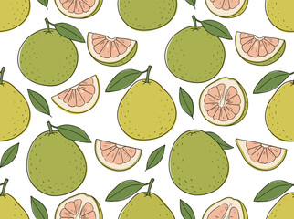 A seamless, outlined pattern of yuzu fruit and leaves on a white background, featuring an endlessly repeatable engraved texture of Japanese citrus in a vintage style, rendered as a hand‑drawn vector