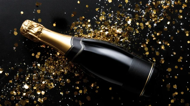 Golden glitter blast from champagne on black background
