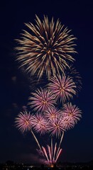 Fototapeta premium Spektakul?res Panorama von bunten Feuerwerksk?rpern, die den tiefblauen Nachthimmel w?hrend einer festlichen Feier bemalen ,Freude ,Fest ,funkelnd