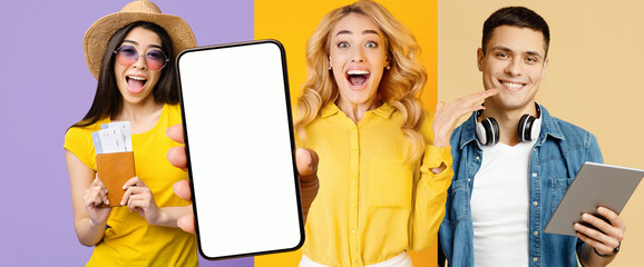 Three joyful individuals on a vibrant set showcase travel accessories and gadgets. They display excitement as they hold a smartphone, document, and tablet. The atmosphere is lively and engaging.