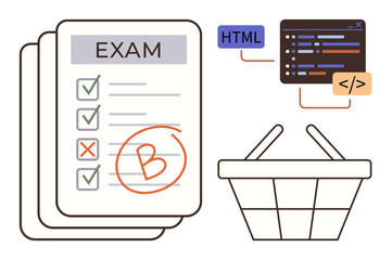 Graded exam paper with checkmarks, cross, and B grade, code snippet labeled HTML, and basket. Ideal for education, programming, e-learning grading coding online courses assessment. A simple flat