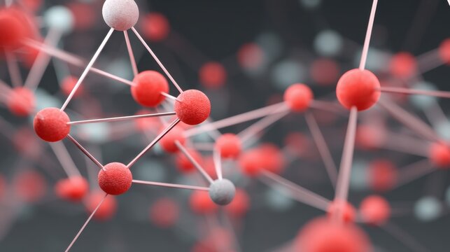 Abstract visualization of interconnected spheres and nodes in red and gray tones representing molecular structure, scientific research, and digital technology