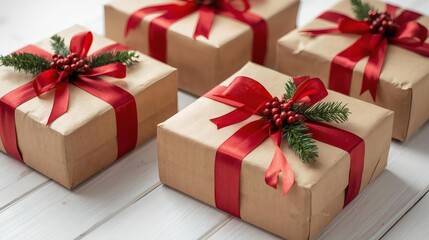 Obraz premium Beautifully wrapped Christmas gifts using brown kraft paper and red cotton ribbons
