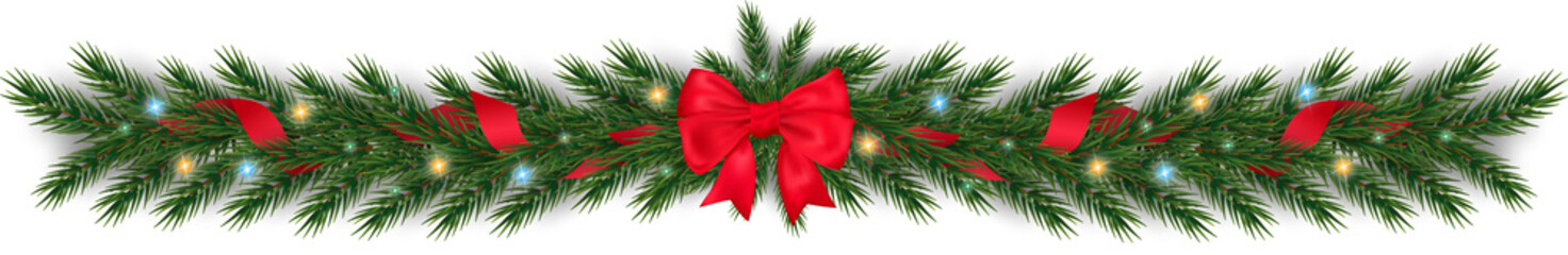 Christmas Garland with Pine Branches, Red Ribbon and Bow &ndash; Festive Decoration with Multicolor Lights on Transparent Background