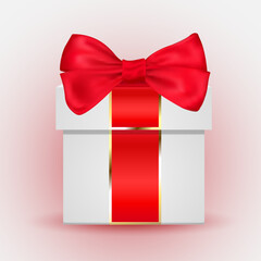 White Gift Box with Red Ribbon and Bow &ndash; Elegant Present Packaging on Soft Gradient Background for Holiday or Celebration Design