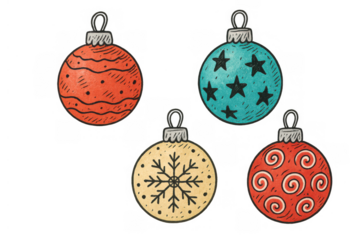 Christmas ornament set featuring various hand-drawn designs for holiday decorating on transparent background