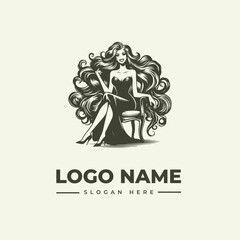 Fototapeta premium Vector illustration of a woman with long hair sitting on a chair in a logo design concept with a simple background.
