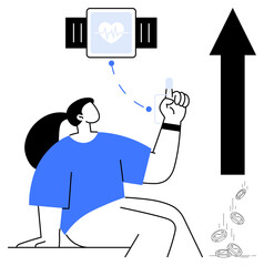 Fitness tracking, wearable technology, health progress, goal achievement, financial growth, data analysis. A woman interacts with a smartwatch displaying a heart icon, with an arrow indicating