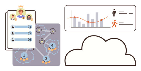 Leaderboard with avatars, task progression map with locks and stars, analytics graph and cloud. Ideal for teamwork, gamification, analytics, performance, workflow strategy technology. Simple flat