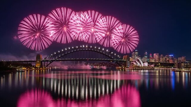 Sydney harbour bridge and opera house at night with fireworks display