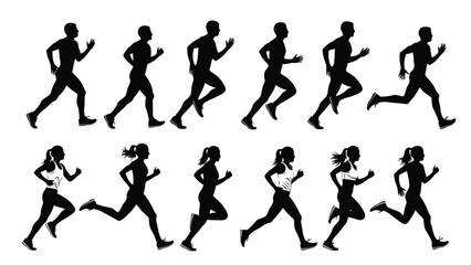 A collection of running silhouettes showing male and female athletes in various dynamic motion