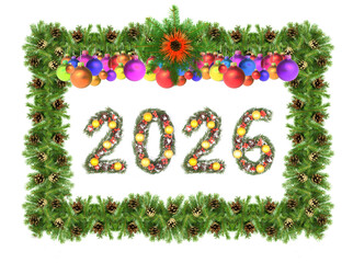 Christmas New Year 2026 Number Made with Evergreen Branches Surrounded by Holiday Pine Frame Decoration on a white background