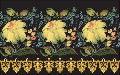 Vector seamless border pattern from yellow flowers and golden oriental frieze on a black background