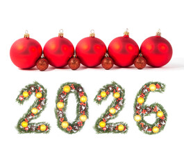 Christmas New Year 2026 Number Made with Evergreen Branches and Holiday Decoration with Red Bauble on a white background