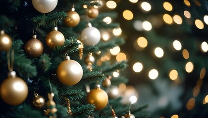 Close-up of a decorated Christmas tree with golden and white baubles and bokeh lights
