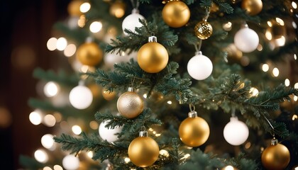 Fototapeta premium Close-up of a decorated Christmas tree with gold and white ornaments and bokeh lights