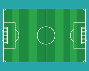 Soccer field top view layout art showing a clean overhead football pitch diagram with precise markings, goal areas, center circle, and vibrant green turf design