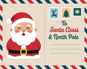 Santa Christmas postcard design featuring cute festive artwork, holiday postage stamps, cheerful Santa illustration, vintage border elements, and decorative seasonal mail layout