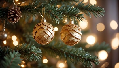 Close-up of golden pinecone ornaments hanging on a decorated Christmas tree with bokeh lights