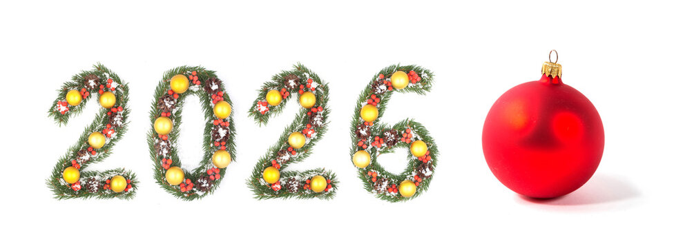 Christmas New Year 2026 Number Made with Evergreen Branches and Holiday Decoration with Red Bauble on a white background - Powered by Adobe