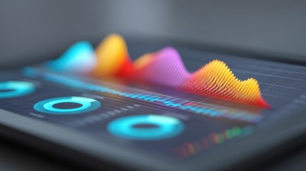 Vibrant Digital Sound Waves Displayed on Tablet Screen with Colorful Audio Visualization and Data Analysis Charts and Graphs for Technology Projects