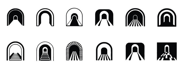 Tunnel icon set minimal silhouette artwork featuring abstract entrances perspective pathways graphic symbols for branding signage navigation and architectural concepts