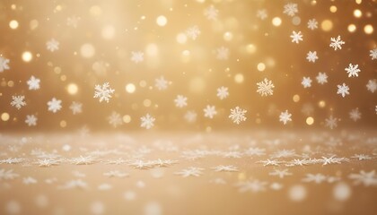 Golden Christmas background with falling snowflakes and bokeh lights