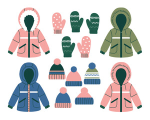Winter jackets hats mittens set featuring colorful cold-weather outerwear, cozy accessories, warm knit beanies, patterned gloves © Dream publishing 