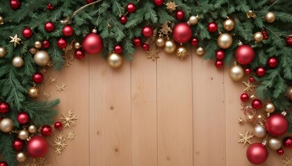 Festive Christmas garland with red and gold ornaments on a wooden background