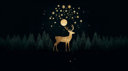 Cinematic paper cut style golden deer and tree composition on a dark green background, glowing highlights and dramatic contrast, palette of radiant gold, emerald green, promotional design
