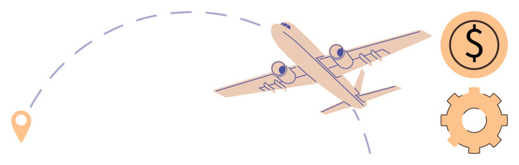 Airplane flying along a dotted route, navigation pin, dollar sign, and gear. Ideal for travel planning, aviation, logistics, global mobility business optimization financial planning. Clean flat