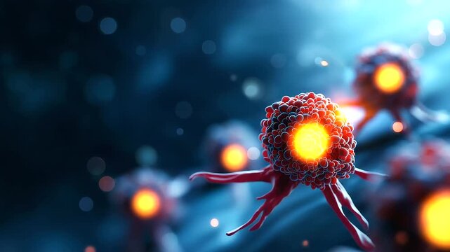 Group of cancer cells banner visualization faceless microscopic composition defocused cellular background oncology research imagery biological cell structure medical science