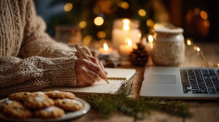 Cozy hand writing Christmas notes in notebook beside laptop, candles and cookies, perfect for holiday planning, blogging and lifestyle content.