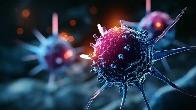 Highly detailed colorful microscopic view of cancer cells faceless cellular composition defocused tissue environment background invading cells visualization oncology research