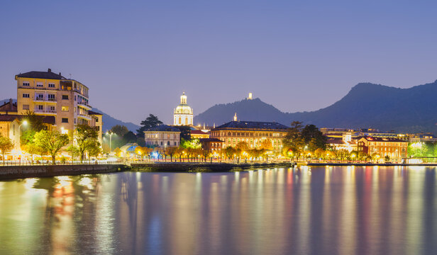 Blue Hour View of Como City Waterfront and Cathedral