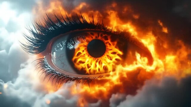 A Fiery Gaze: An Eye Enveloped in Flames and Surrounded by Dramatic Cloud Formations