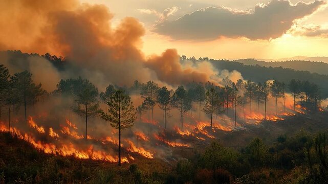 Video A raging forest fire burns in the midst of a dense forest, with flames and smoke visible