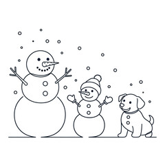 Line art illustration of two snowmen and a happy dog in a winter scene with falling snow.