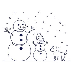 A simple line art illustration of two snowmen and a small dog in falling snow.