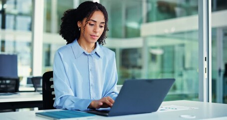 Trading, thinking and woman in office, laptop or future profit growth with decision for data analysis. Person, pc or employee with financial info online, typing or advisor for stock market or email - Powered by Adobe