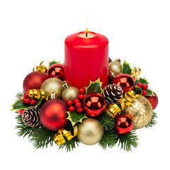 Beautiful christmas centerpiece with red candle and ornaments