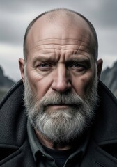 Intense Portrait Of A Mature Man With Grey Beard In A Cold Outdoor Landscape