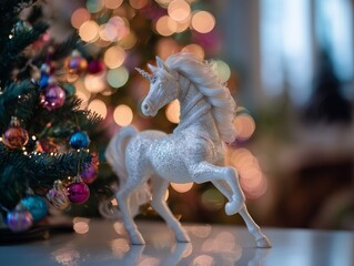Beautiful white unicorn figurine on the holiday background