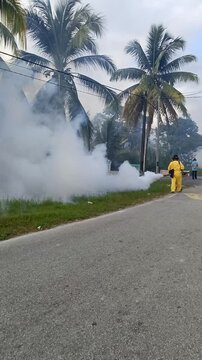 Worker Fumigating in Residential Area, Urban Environment, Safety Procedure