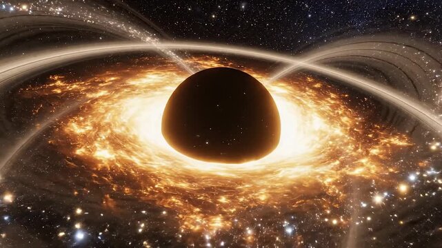 Dramatic space scene with a black hole glowing accretion disk surrounding stars and luminous rings.