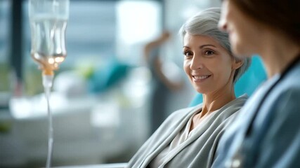 Serene oncology treatment room with IV drip in focus faceless nurse and patient interaction defocused compassionate care background medical equipment visible supportive