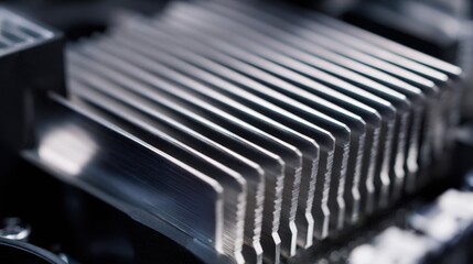 Closeup of thin aluminum heat dissipation fins efficiently cooling highperformance electronic components in a sleek device chassis
