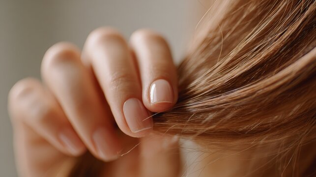 Macro close-up of fingertips applying hair serum to shiny hair strands in soft natural light with a clean background