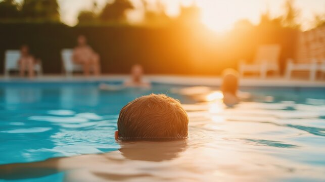 People relaxing in outdoor pool at summer sunset - Powered by Adobe