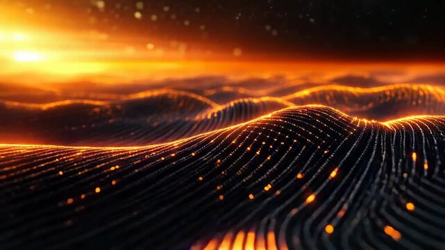 Digital wave creating a futuristic glowing particle surface